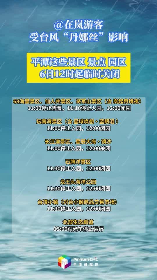 @在嵐游客，受臺風“丹娜絲”影響，平潭這些景區景點園區6日12時起臨時關閉！